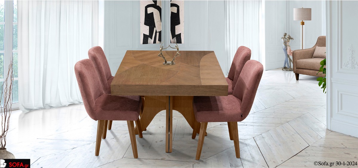 τραπέζι ξύλινο επεκτεινόμενο με 4 καρεκλες υφασματινες