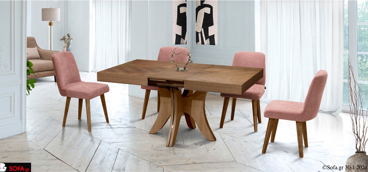 τραπέζι ξύλινο επεκτεινόμενο με 4 καρεκλες υφασματινες