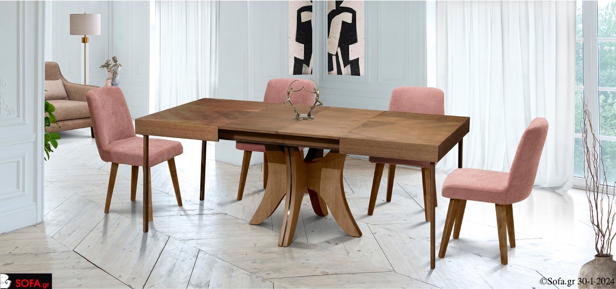 τραπέζι ξύλινο επεκτεινόμενο με 4 καρεκλες υφασματινες