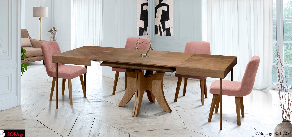 τραπέζι ξύλινο επεκτεινόμενο με 4 καρεκλες υφασματινες