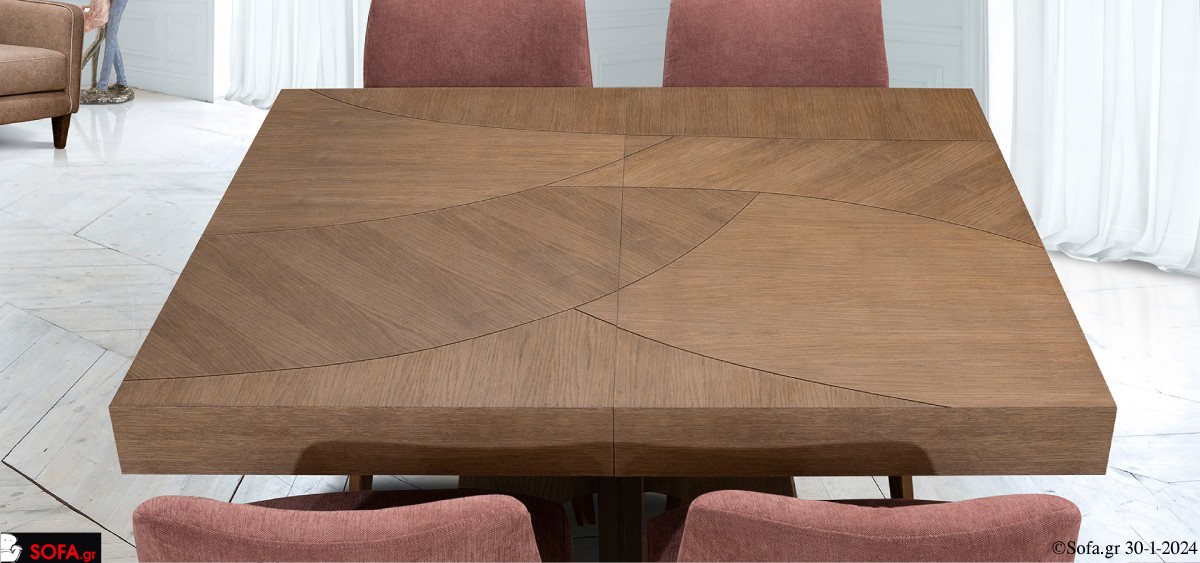 τραπέζι ξύλινο επεκτεινόμενο με 4 καρεκλες υφασματινες