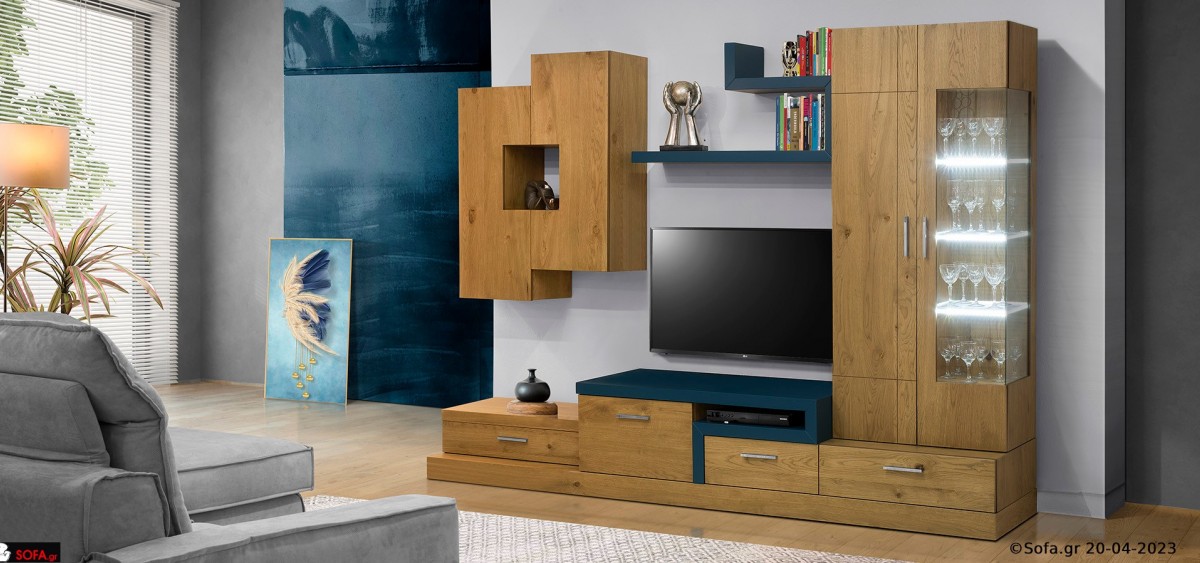 Μοντέρνα σύνθεση με βιτρίνα με led φωτισμό και πολλούς αποθηκευτικούς χώρους