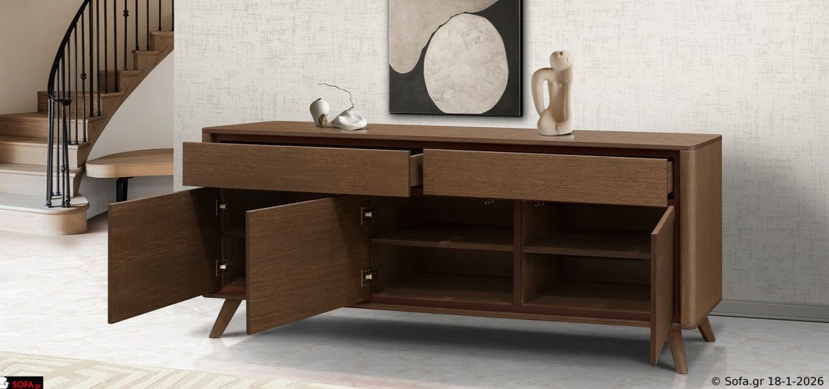 Μπουφές Symmetry σε φυσική απόχρωση ξύλου με minimal σχεδιασμό, λοξά πόδια και καθαρές γραμμές – premium έπιπλο σαλονιού με άνετους αποθηκευτικούς χώρους