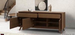 Μπουφές Symmetry με συρτάρια και ντουλάπια ανοιχτά, αποκαλύπτοντας εργονομικούς αποθηκευτικούς χώρους για τραπεζαρία ή καθιστικό σε καφε ξυλο