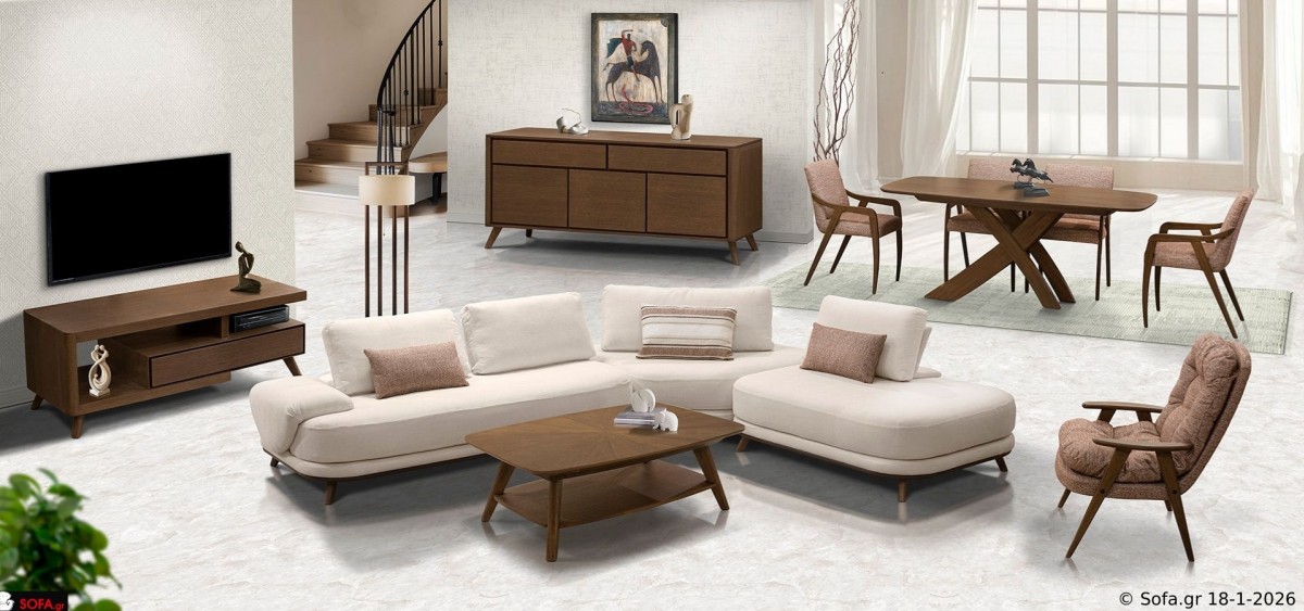 Ολοκληρωμένη επίπλωση Symmetry με καναπέ, πολυθρονα,τραπεζάκι σαλονιού, έπιπλο τηλεόρασης, μπουφέ και τραπεζαρία σε μοντέρνο καθιστικό, σχεδιασμένη για αρμονία, άνεση και λειτουργικότητα στον χώρο