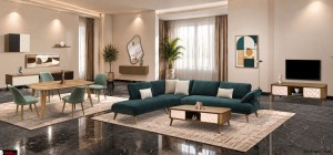 Ολοκληρωμένη επίπλωση Upper της Sofa.gr με γωνιακό καναπέ, τραπεζάκι και έπιπλο τηλεόρασης Upper Wave, σύνθεση σαλονιού, τραπεζαρία Upper Mix με καρέκλες και έπιπλο εισόδου με καθρέφτη. Ελληνικής κατασκευής έπιπλα με φυσικές αποχρώσεις ξύλου, αναπαυτικά υ