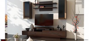 σύνθεση τοίχου, οικονομική σε μοντέρνα ξεχωρισρή γραμμή με ξύλο και μαύρο τζάμι