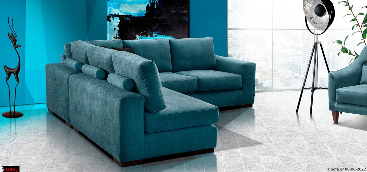 Γωνία καναπές με καραμέλες αμφίπλευρης τοποθέτησης 2 τεμαχίων και μασίφ σκελετό από ξύλο οξιάς.