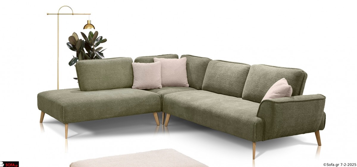 γωνιακός καναπές μοντέρνος σε χακί χρώμα με υφασμα προβατέ