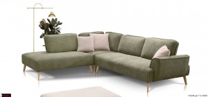 γωνιακός καναπές μοντέρνος σε χακί χρώμα με υφασμα προβατέ