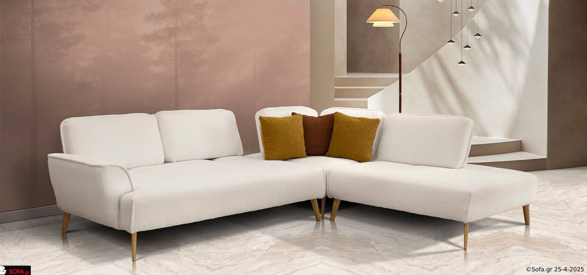 γωνιακός καναπές μοντέρνος σε χακί χρώμα με υφασμα προβατέ