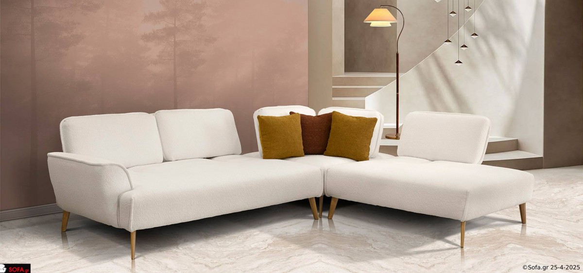 γωνιακός καναπές μοντέρνος σε χακί χρώμα με υφασμα προβατέ