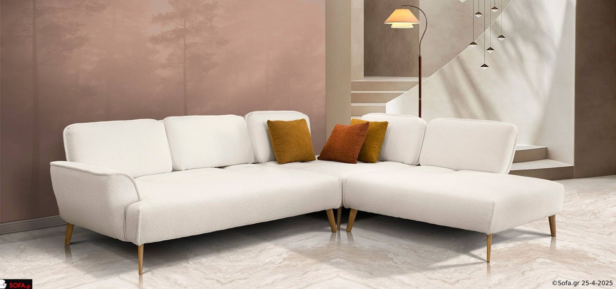 γωνιακός καναπές μοντέρνος σε χακί χρώμα με υφασμα προβατέ