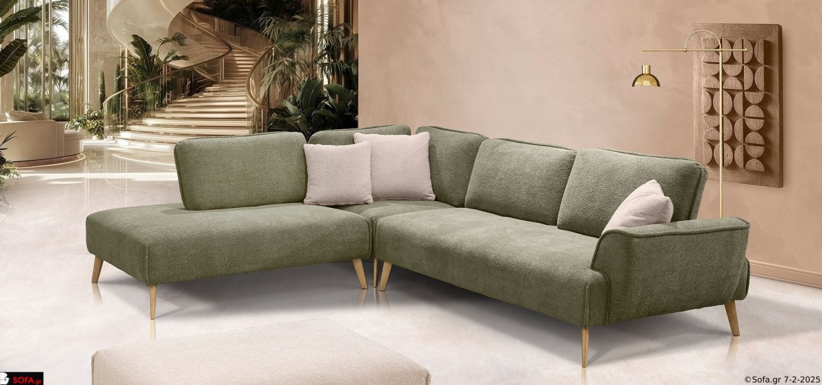 γωνιακός καναπές μοντέρνος σε χακί χρώμα με υφασμα προβατέ