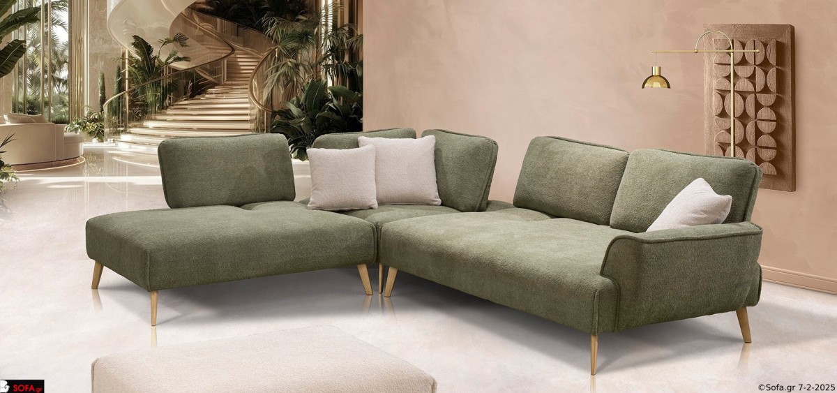 γωνιακός καναπές μοντέρνος σε χακί χρώμα με υφασμα προβατέ