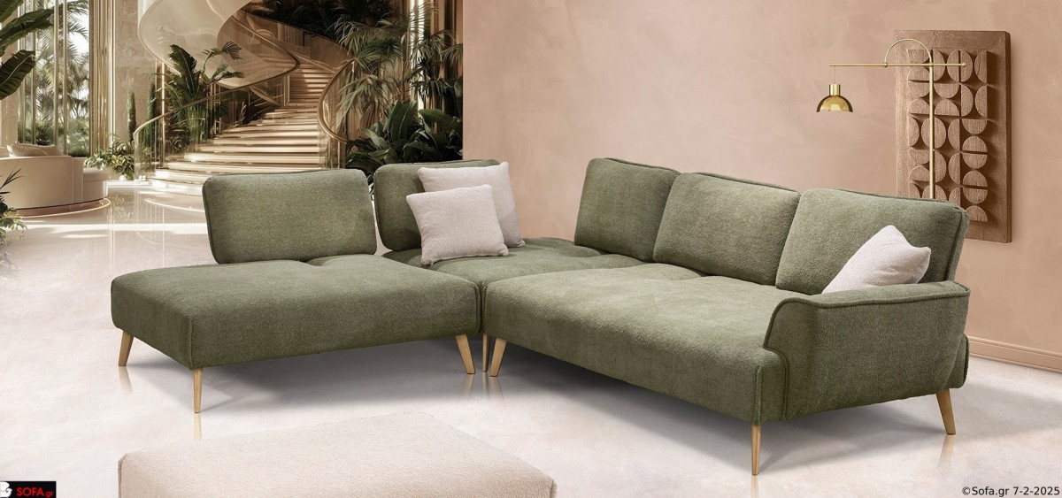 γωνιακός καναπές μοντέρνος σε χακί χρώμα με υφασμα προβατέ