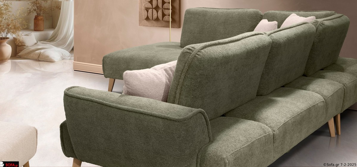 γωνιακός καναπές μοντέρνος σε χακί χρώμα με υφασμα προβατέ