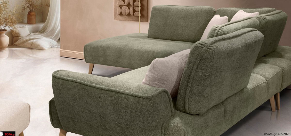 γωνιακός καναπές μοντέρνος σε χακί χρώμα με υφασμα προβατέ