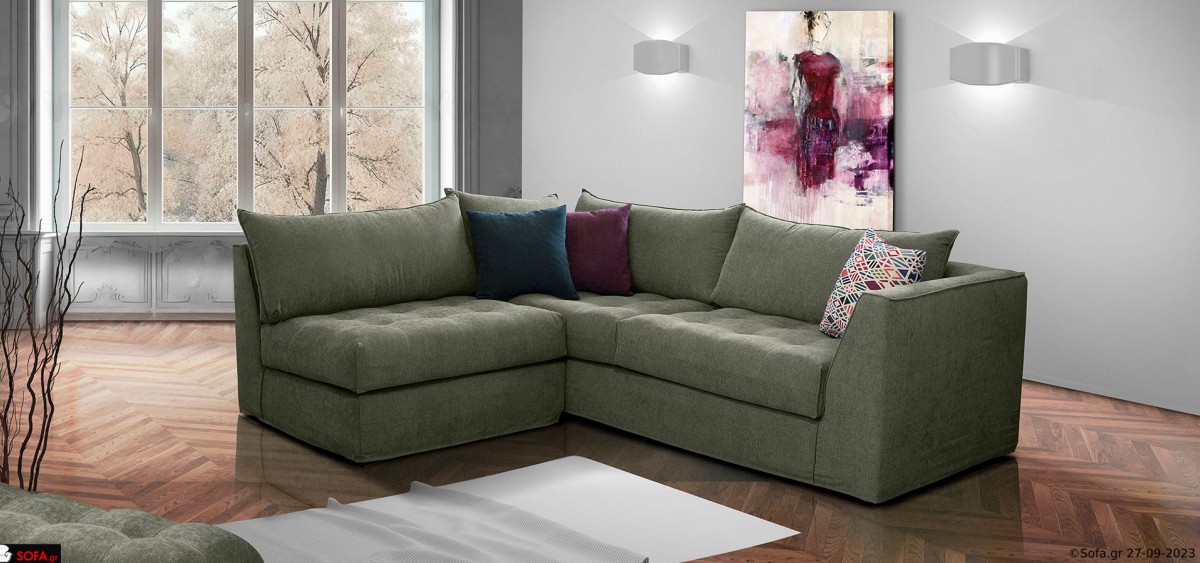 πολυμορφικός γωνιακός καναπές με αποσπώμενο ύφασμα και καπιτονέ κάθισμα σε χακί απόχρωση