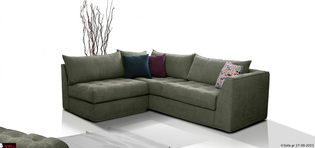 πολυμορφικός γωνιακός καναπές με αποσπώμενο ύφασμα και καπιτονέ κάθισμα σε χακί απόχρωση