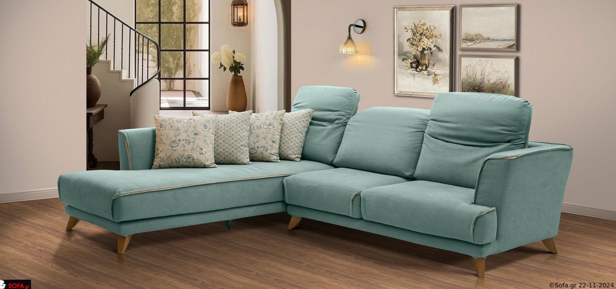 γαλάζιος γωνιακός καναπές με ανακλίσεις και φορετό ύφασμα