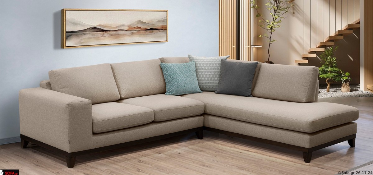 Αναπαυτικός γωνιακός καναπές μίνιμαλ με ξύλινα πόδια και ξύλινη βάση