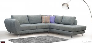 Γωνιακός καναπές μπλέ χρώμα, αποτελούμενος από δύο τεμάχια και ψηλά inox πόδια.