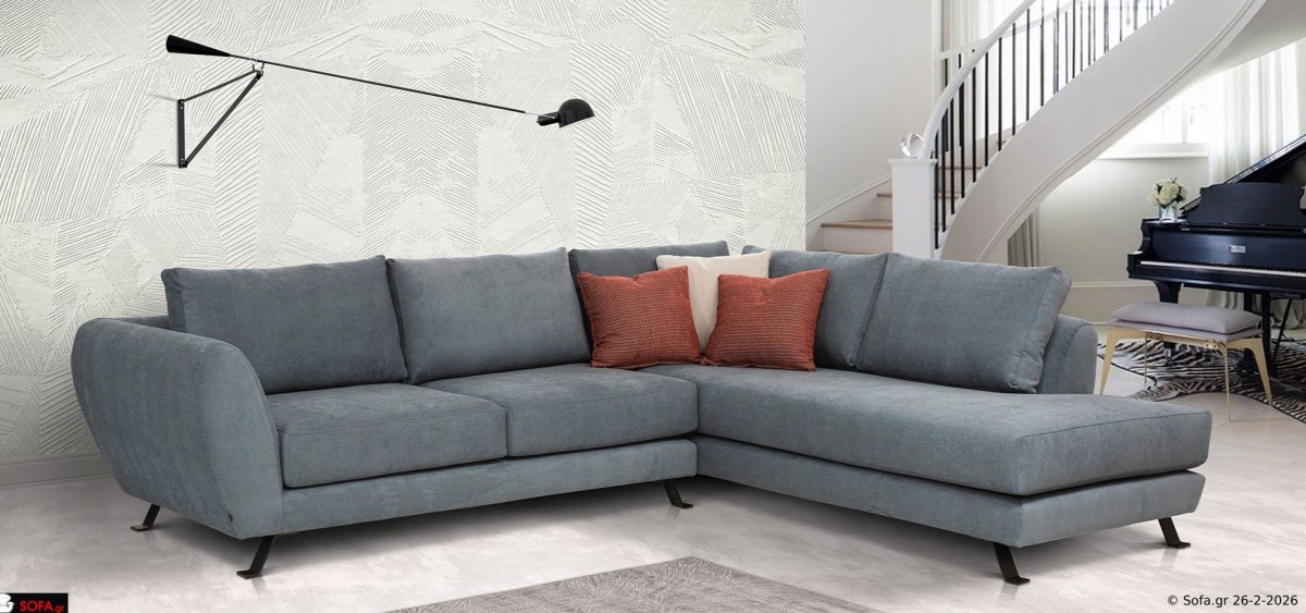 μοντερνος γωνιακος καναπες με ψηλο μαυρο ποδι με υφασμα αδιαβροχο αλέκιασο γκρι-μπλε