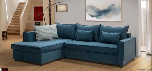 Γωνιακός καναπές-κρεβάτι σε μοντέρνο σαλόνι με άνοιγμα κρεβατιού. Υφασμάτινη επένδυση σε μπλε πετρόλ απόχρωση, αναπαυτικά μαξιλάρια και ενσωματωμένο στρώμα για φιλοξενούμενους.