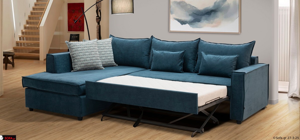 γωνιακός καναπές-κρεβάτι με πλούσια επένδυση και μοντέρνα διακόσμηση σαλονιού. Υφασμα αδιάβροχο αλέκιαστο  και εργονομικός σχεδιασμός.