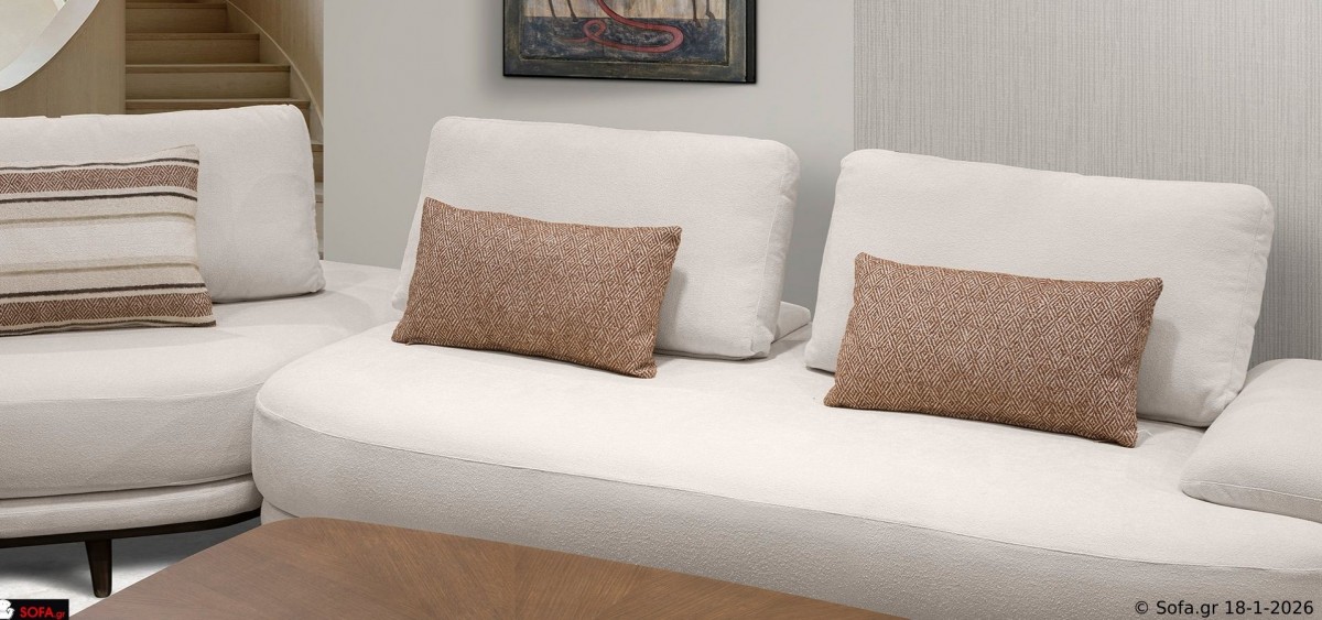 Γωνιακός καναπές Symmetry Plus με δύο μπράτσα σε απαλό μπουκλέ ύφασμα εκρού, μοντέρνος ελληνικής κατασκευής με καμπύλες γραμμές και ξύλινη βάση από μασίφ οξιά