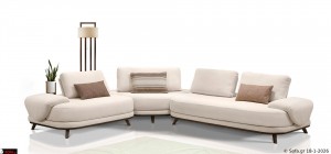 Γωνιακός καναπές Symmetry Plus με δύο μπράτσα σε απαλό μπουκλέ ύφασμα εκρού, μοντέρνος ελληνικής κατασκευής με καμπύλες γραμμές και ξύλινη βάση από μασίφ οξιά