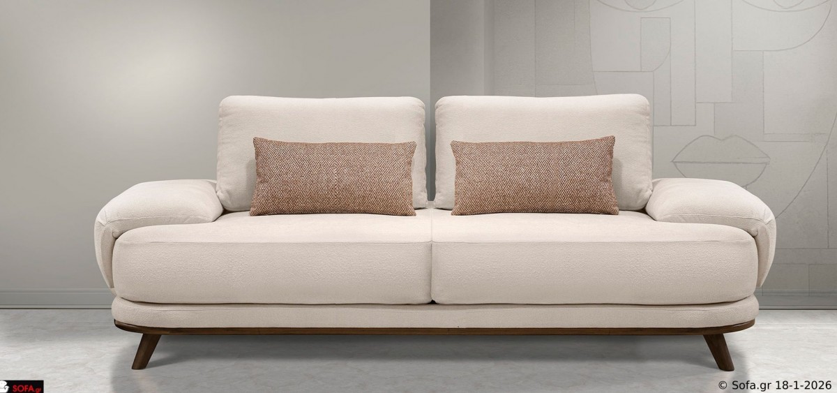 Τριθέσιος καναπές Symmetry σε εκρού μπουκλέ ύφασμα με στρογγυλεμένα μπράτσα, κινητές πλάτες και αναπαυτικό κάθισμα από λάστιχο 6000 και Ergofoam