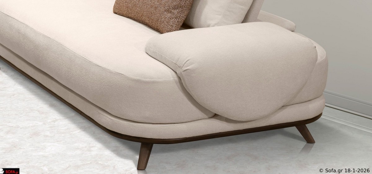 Τριθέσιος καναπές Symmetry σε εκρού μπουκλέ ύφασμα με στρογγυλεμένα μπράτσα, κινητές πλάτες και αναπαυτικό κάθισμα από λάστιχο 6000 και Ergofoam