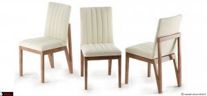 καρέκλα με μοντέρνο ντιζάιν, αναπαυτικό κάθισμα που συνδυάζει λευκό αδιάβροχο-αλέκιαστο ύφασμα και βαφή πατίνας σε μασίφ σκελετό οξιάς