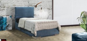 μασίφ υφασμάτινο κρεβάτι μονό σε μπλέ απόχρωση με ύφασμα αποσπώμενο