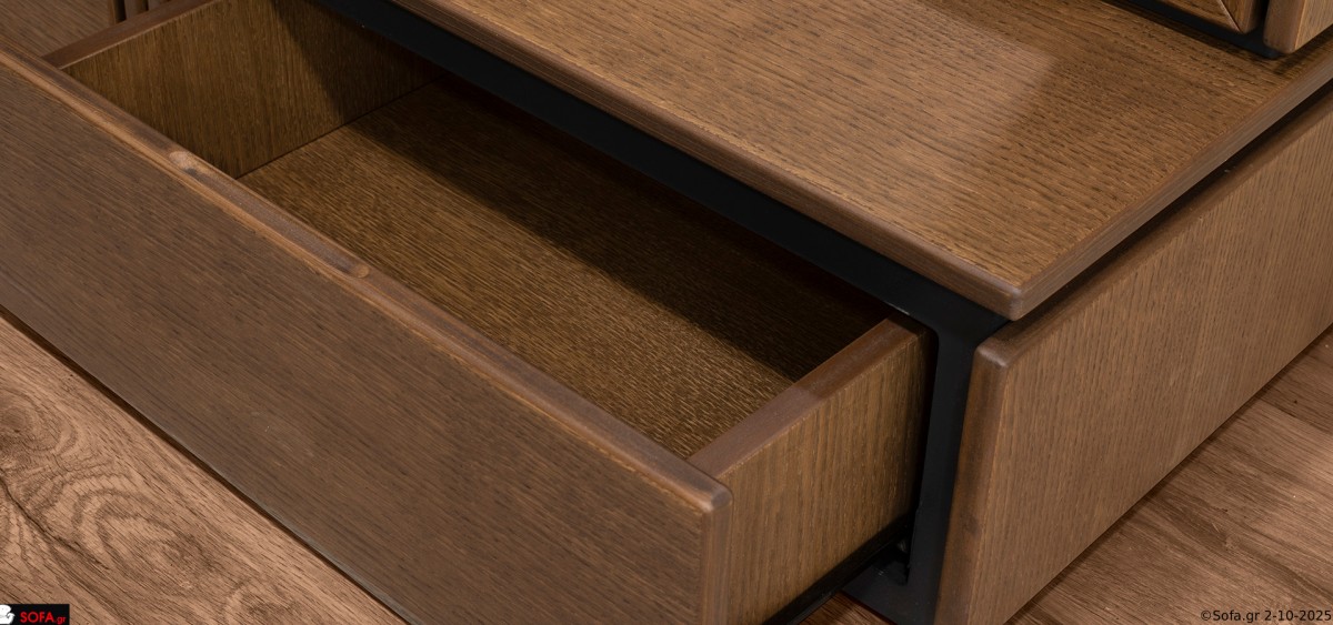 χειροποίητη κρεβατοκάμαρα Open με ξύλινο κρεβάτι, κομοδίνο και συρταριέρα σε μοντέρνο στυλ