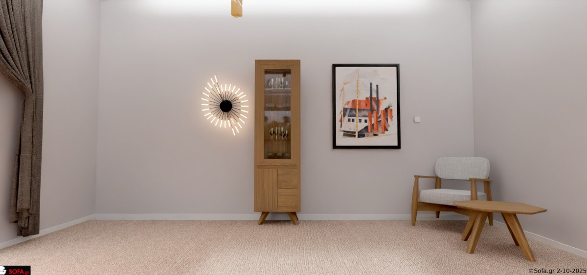 Μονόφυλλη κρυσταλιέρα Lux από φυσικό ξύλο δρυός με διάφανη βιτρίνα και ξύλινα μασίφ πόδια, σε μοντέρνο σκανδιναβικό σχεδιασμό.