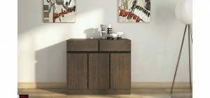 Μοντέρνος μπουφές Sky 120 εκ σε σκούρα απόχρωση ξύλου με γεωμετρικές γραμμές και μαύρες λεπτομέρειες λάκας για τραπεζαρία ή καθιστικό