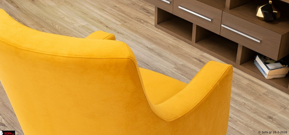 Μοντέρνα πολυθρόνα Magic σε σύγχρονο σαλόνι, με ψηλά πόδια και ανατομική πλάτη, κάθισμα από λάστιχο 6000 και κατασκευή από μασίφ οξιά με 15ετή εγγύηση