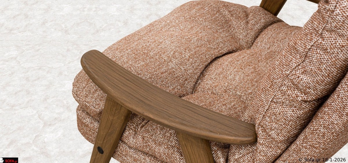 Πολυθρόνα Symmetry σε ύφασμα κεραμμυδι με αφράτο κάθισμα Ergofoam και βάση από μασίφ ξύλο οξιάς σε φυσική απόχρωση