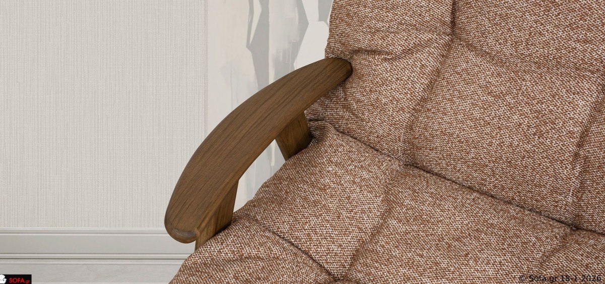 Πολυθρόνα Symmetry σε ύφασμα κεραμμυδι με αφράτο κάθισμα Ergofoam και βάση από μασίφ ξύλο οξιάς σε φυσική απόχρωση