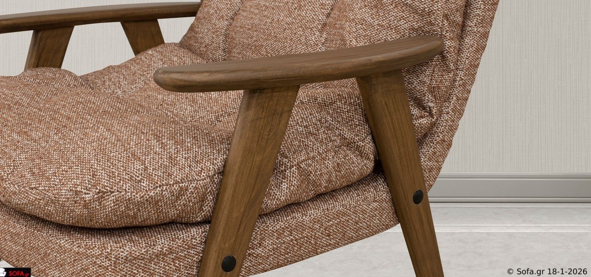 Πολυθρόνα Symmetry σε ύφασμα κεραμμυδι με αφράτο κάθισμα Ergofoam και βάση από μασίφ ξύλο οξιάς σε φυσική απόχρωση