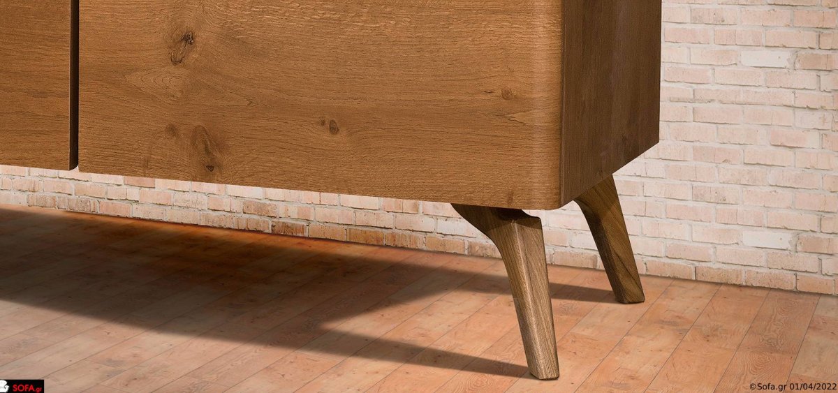 Μπουφές Prestige σε φυσική απόχρωση ξύλου με λεπτομέρειες μαύρης λάκας και μασίφ πόδια, μοντέρνος μπουφές τραπεζαρίας με καθαρές γραμμές και άνετους αποθηκευτικούς χώρους