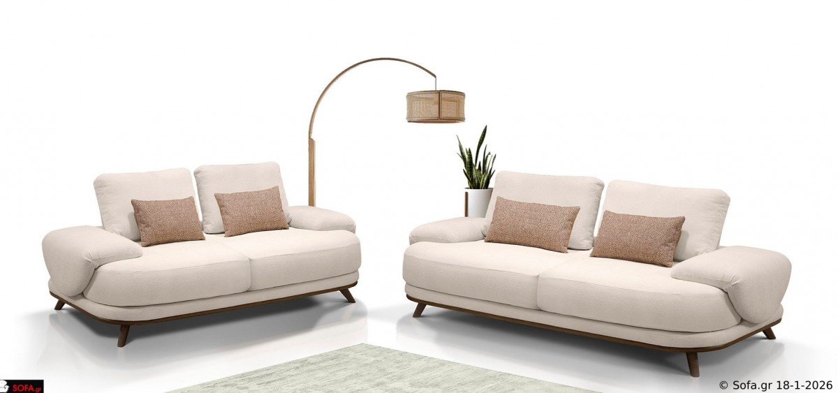 Σαλόνι Symmetry με τριθέσιο και διθέσιο καναπέ σε ανοιχτό μπεζ μπουκλέ ύφασμα, στρογγυλεμένες γραμμές και ξύλινη βάση, μοντέρνο minimal στυλ.