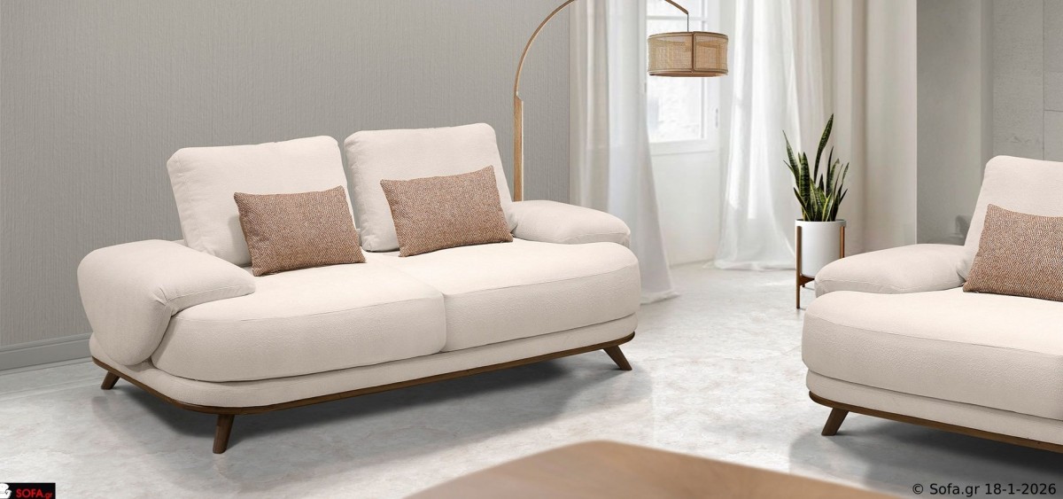 Σαλόνι Symmetry με τριθέσιο και διθέσιο καναπέ σε ανοιχτό μπεζ μπουκλέ ύφασμα, στρογγυλεμένες γραμμές και ξύλινη βάση, μοντέρνο minimal στυλ.