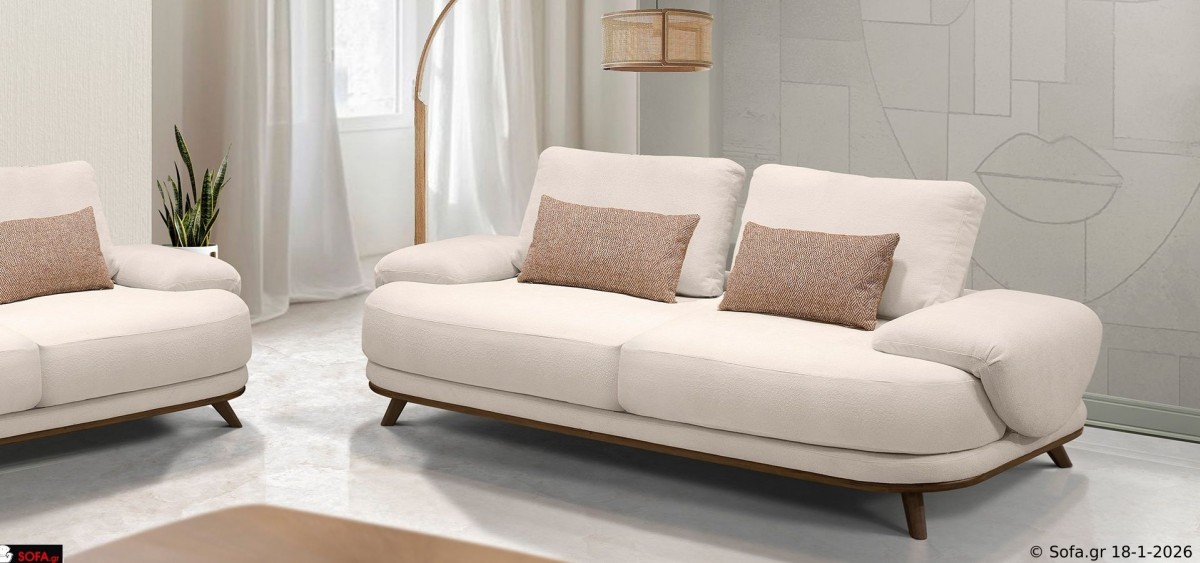 Σαλόνι Symmetry με τριθέσιο και διθέσιο καναπέ σε ανοιχτό μπεζ μπουκλέ ύφασμα, στρογγυλεμένες γραμμές και ξύλινη βάση, μοντέρνο minimal στυλ.