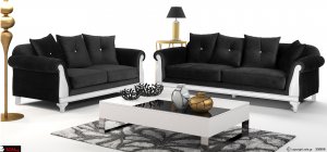 τριθέσιος και διθέσιος καναπές κλασικός με ξύλινη βάση και μπράτσο σε λευκή-ασημί πατίνα και μαύρο αριστοκρατικό ύφασμ