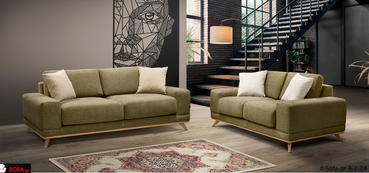 σαλόνι με τετραγωνα μπράτσα σε πράσινο ύφασμα