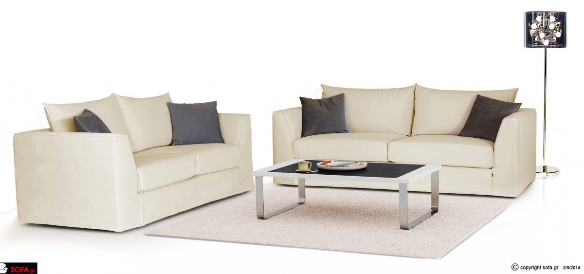 οικονομικό σαλόνι, τριθέσιου και διθέσιου καναπέ σε ανοιχτόχρωμο αποσπώμενο ύφασμα